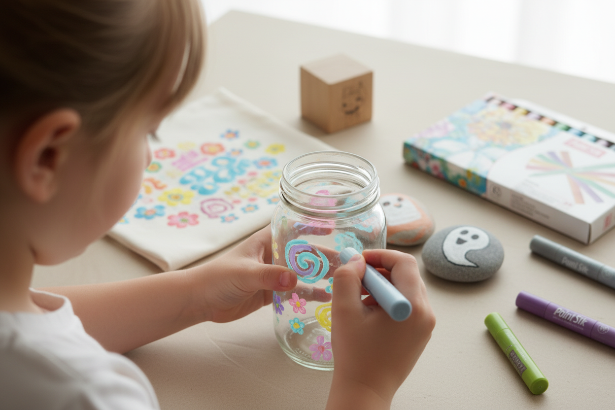 Child decorating glass and multiple surfaces with Paint Stik markers